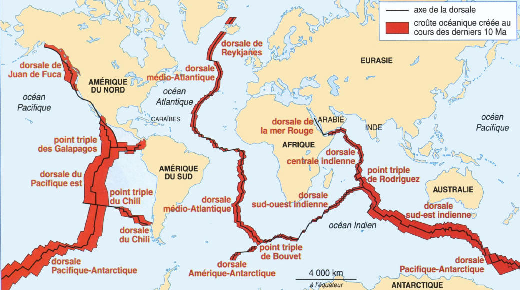 Carte des dorsales océaniques une chaîne de volcans de plus de 60 000 Km de long